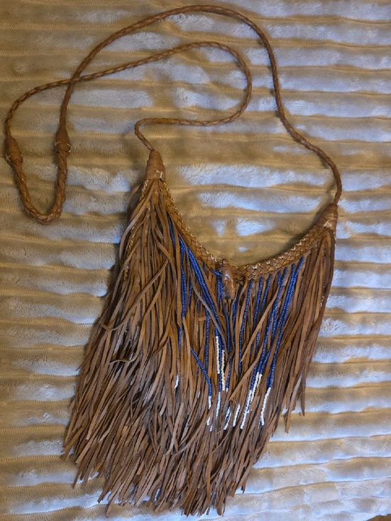 Anthropologie Handbags - Anthropologie Leather Fringe Crossbody Bag with Blue & Cream Beaded Accent